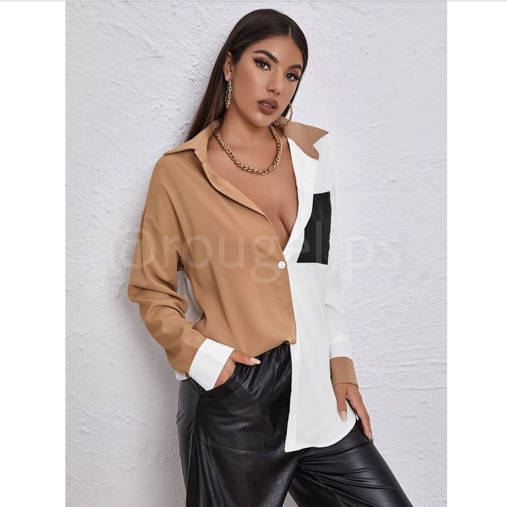 Drop Shoulder Oversized Colorblock Button Down Shirt White Tan Black - Picture 4 of 9